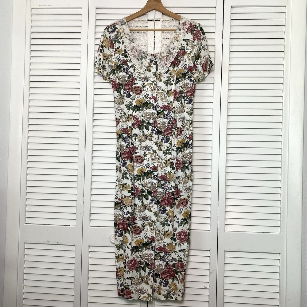 Vtg 80s Midi Dress Small Floral Cottagecore Prairie Lace Feminine Romantic Chic - Picture 2 of 5